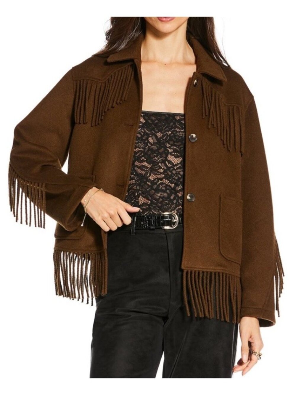 Gianni Bini Sydney Silverman Wool Fringe Jacket Womens 10 Brown Western Cowgirl⁠
